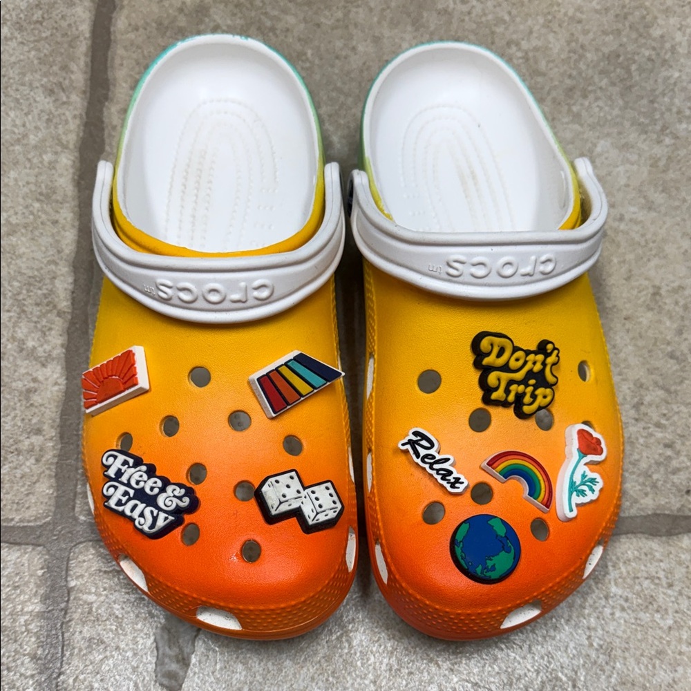 CROCS Orange and Yellow Clogs with Decorative Patches